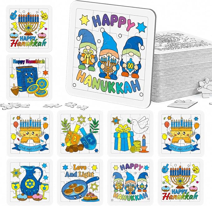 Cinrobiye 24 Sets Hanukkah Coloring Jigsaw Craft Kit for Kids, DIY Chanukah Activity Set with 8 Designs, Festival of Lights Party Favors, Winter Holiday Classroom Art Projects