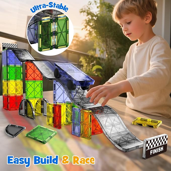 WMXDU Magnetic Road Track Set, 2-in-1 Playset with Curved Tiles | From Ramp Racing to Road Layouts, All in One Set, Unlock More Ways to Build & Play, Last for Kids 3-8