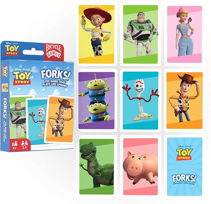 Bicycle Spoons Featuring Forky from Toy Story, Kids Card Game, Featuring Disney and Pixar Characters Woody, Buzz Lightyear, Forky, Bo Peep & Alien, Ages 4+, Toy Story Birthday Gift, 2-5 Players