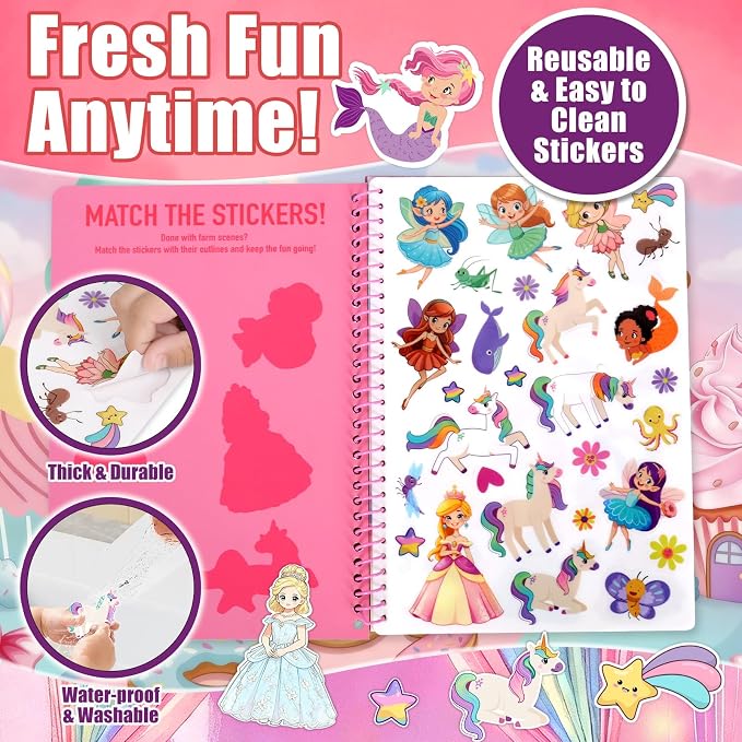 Jelly Sticker Book for Kids 3-5, Reusable Sticker Book for Toddlers | Waterproof Easy to Clean Road Trip Activities, Easter Basket Stuffers & Travel Essentials (Princess)