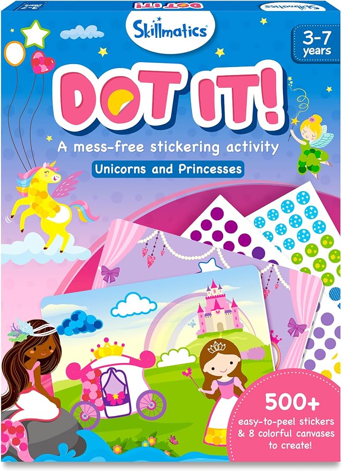Skillmatics Dot It Sticker Art – Unicorns & Princesses, Craft Kit for Kids | 500+ Stickers, DIY Scrapbooking Activity, Screen-Free Travel Toys, Gift for Toddlers, Girls & Boys Ages 3, 4, 5, 6, 7