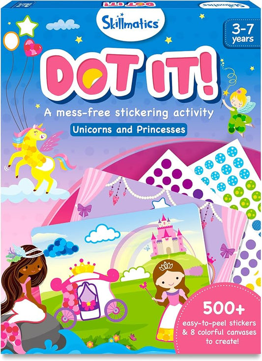 Skillmatics Dot It Sticker Art – Unicorns & Princesses, Craft Kit for Kids | 500+ Stickers, DIY Scrapbooking Activity, Screen-Free Travel Toys, Gift for Toddlers, Girls & Boys Ages 3, 4, 5, 6, 7
