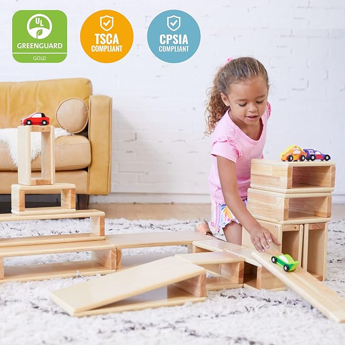 ECR4Kids Hollow Wooden Building Block Set, 18-Piece, Natural | Durable hardwood, GREENGUARD Gold Certified, 18 months +, STEM learning, motor development, rounded edges, classroom/playroom
