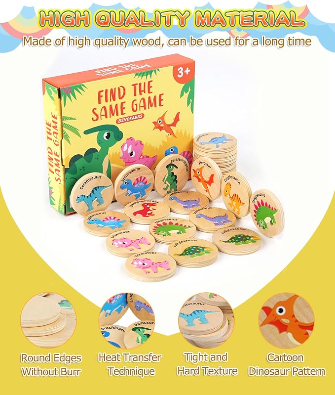 Wooden Memory Game for Kids, 24 Dinosaur Matching Cards | Educational Preschool Toy with Smooth-Edged Tiles Develops Focus, Recall and Visual Recognition for Classroom and Family Play