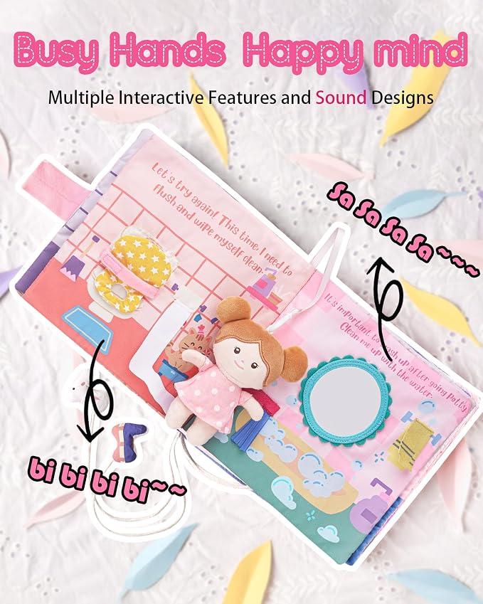 LeyaDoll Montessori Busy Book for Toddlers 1-3, 1 Year Old Girl Gifts | With Interactive Doll for Potty Training, Crinkle Pages, Fine Motor Skills Toys, Keep Toddlers Busy, Pink Gift Box Included
