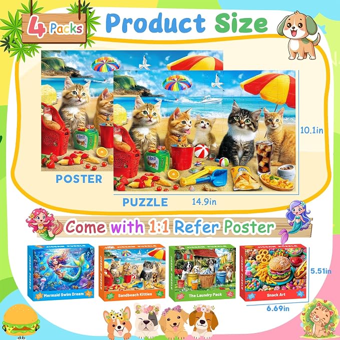 4 Packs 100 Piece Puzzles for Kids Ages 4-6 6-8 8-10, Mermaid Dogs Cats Hamburger Educational Jigsaw Puzzles, Birthday Kids Gifts for Boys Girls Teens Adults Kids Puzzles 4-6 5-8