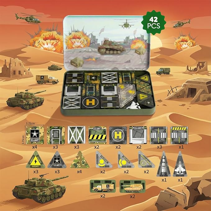 42PCS Mini Magnetic Tiles Army Base Travel Set with Iron Box | STEM Educational Military Building Blocks Magnetic Construction Toy for Kids Ages 3 to 8 Creative Gift for Boys and Girls