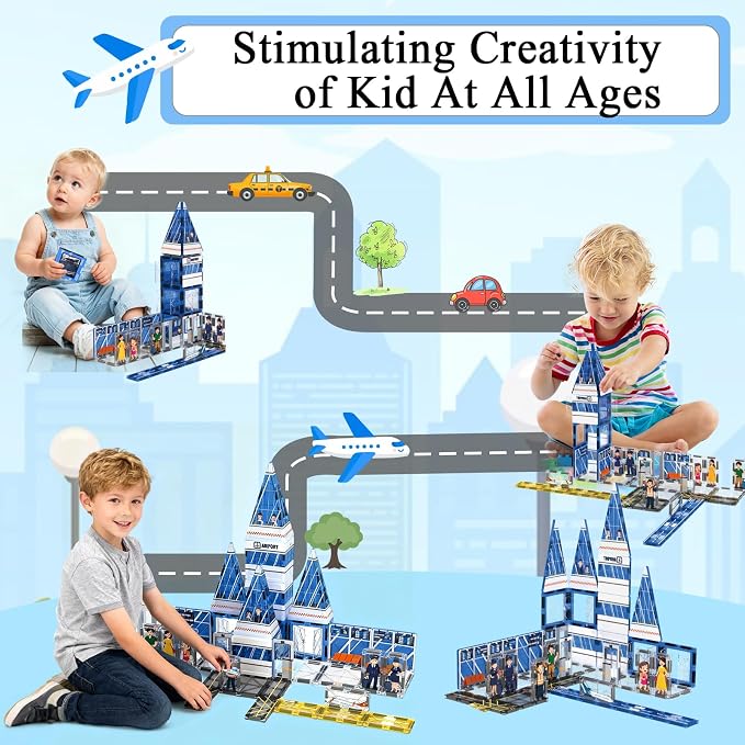 AFUNX Airport Magnetic Tiles Building Set for Kids Ages 3+ | Strong Magnets, Compatible with Major Magnetic Tile Brands,Pretend Play, Creative Building,Gift Ready