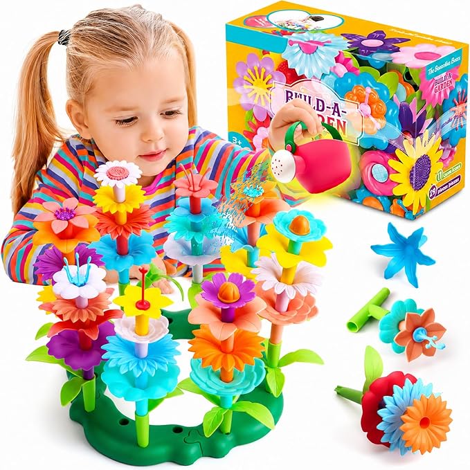 FUNZBO Flower Garden Building Toys Set - STEM Montessori Toys for Girls | Birthday Gifts for Age 3 4 5 6 7 8 9-12 Years Old Girl, Sorting & Stacking Spring Gardening Toy for Kids