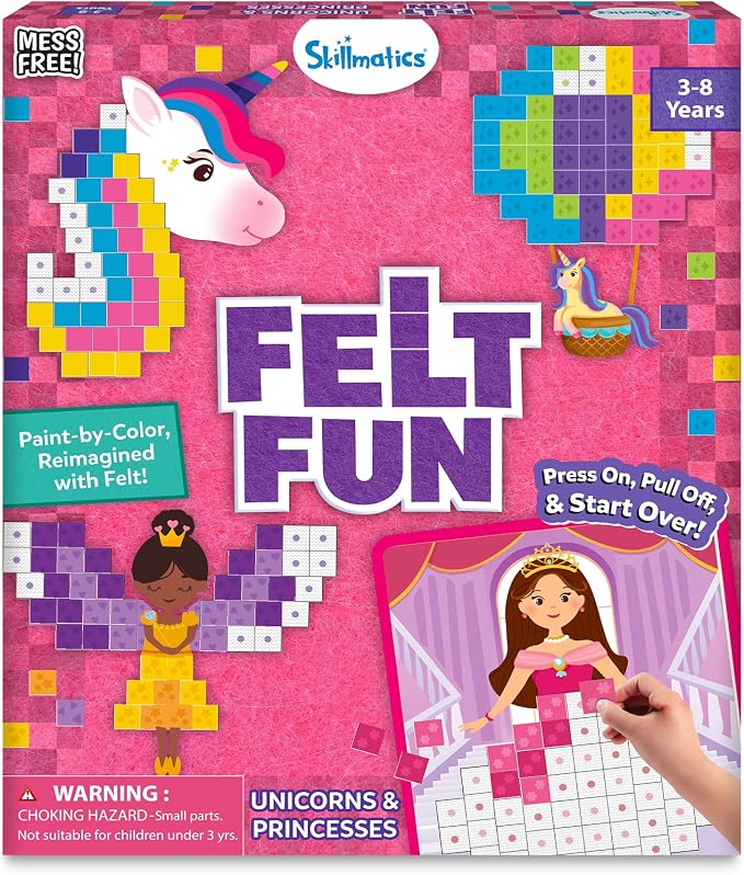 Skillmatics Felt Fun – Unicorns & Princesses, 3D Mosaic Art & Craft Kits | Reusable Color Matching Activity, Mess-Free, Travel Toy, Arts & Crafts, Fine Motor Skills, Girls & Boys Ages 3, 4, 5, 6, 7, 8
