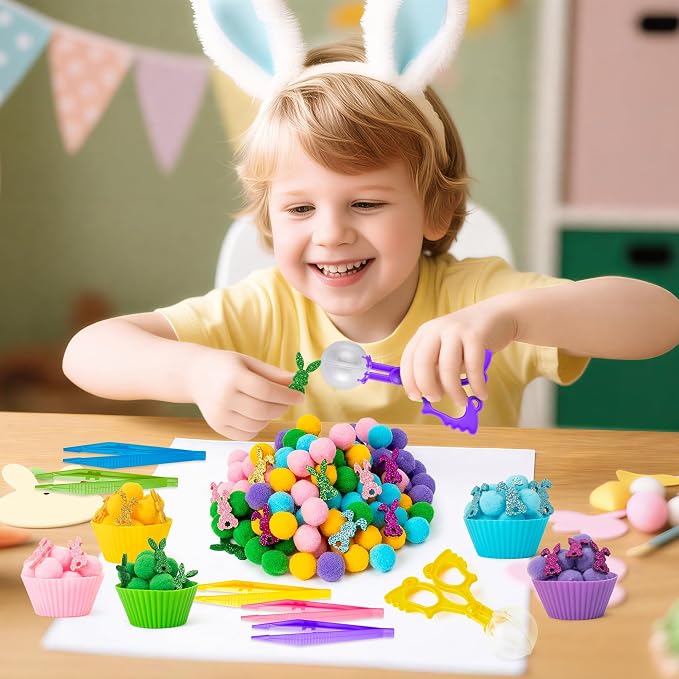 EZdhuawuse Summer Sensory Bin Fillers - 268P Summer Bunny Fine Motor Toys Rabbit Counting Sorting for Kids, Counting Toy with Shiny Bunny Pom Poms Cup Clip for Preschool Education Activities