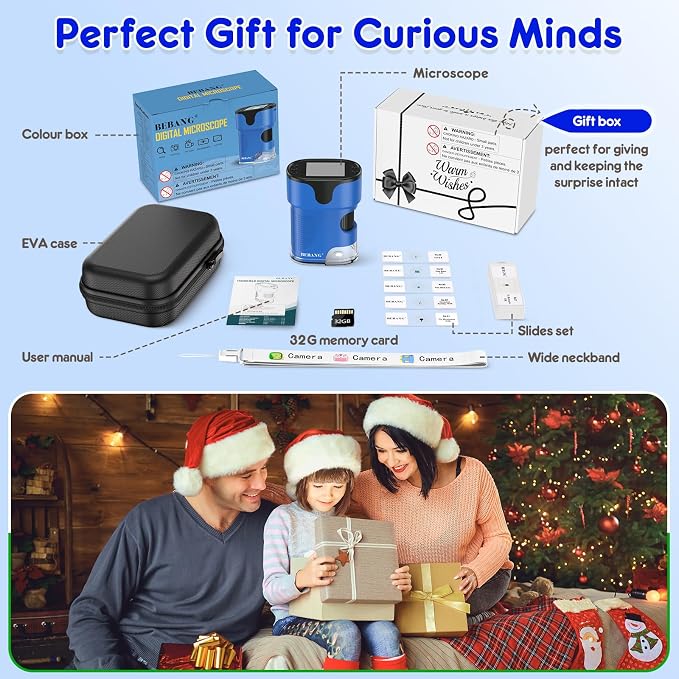 Kids Digital Microscope STEM Toy: Complete Science Gift Kit for Ages 4-12 | 32GB Card for Photos & Video / Custom EVA Case / Real Glass Slides / Upgraded Slide Slot / Rechargeable / 1000X / 4K Screen