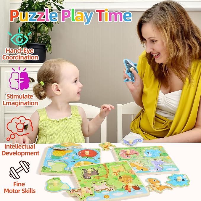 Melofaver Toddler Wooden Peg Puzzles, Montessori Learning Baby Puzzles | 6PCS Toddler Puzzles with Knob -Dinosaur, Farm, Farm Animal, Sea Animal, Fruit, Kids Puzzles Gifts for Boys Girls Christmas
