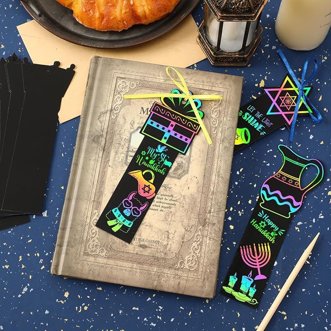 JUNEBRUSHS Scratch Bookmarks, Rainbow Magic Scratch Paper Art DIY Crafts Kit for Classroom Activity Gifts (Hanukkah Style)
