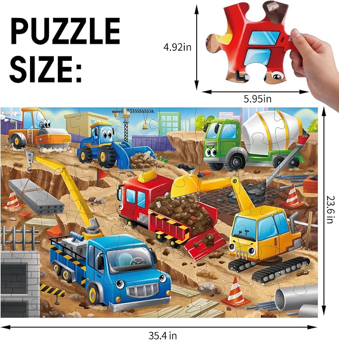 Jumbo Floor Puzzle for Kids,48 Piece Construction Site Jigsaw Puzzle | Construction Vehicle Puzzle,Extra-thick Cardboard,Preschool Learning Toy,35x24 in Completed,Gift for Boys and Girls Ages 3-8