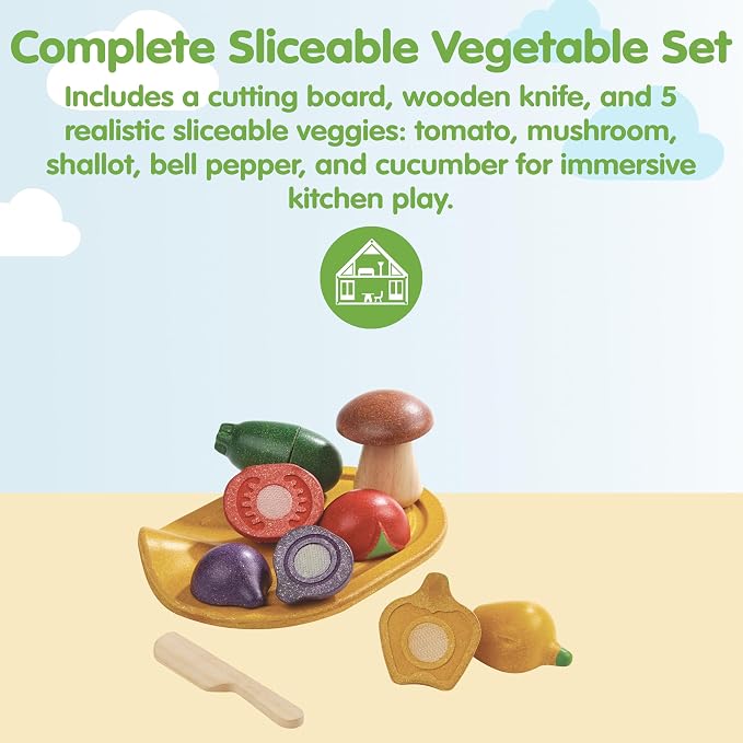 PlanToys® Wooden Assorted Vegetable Set Montessori Play Food for Toddlers | tomato, mushroom, shallot, pepper, cucumber, fruits and vegetables toys, girls, boys, fine motor role play social gift set