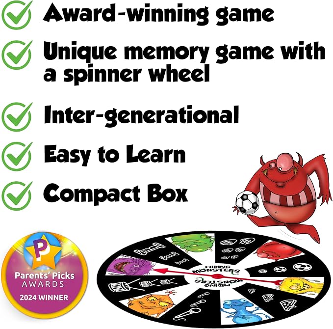 Hiding Monsters Award Winning Memory Games for Kids Ages 4-8. Spinner Wheel | Award-winning memory game with a spinner wheel. Easy to learn, high replay, fun for kids and families. Matching game