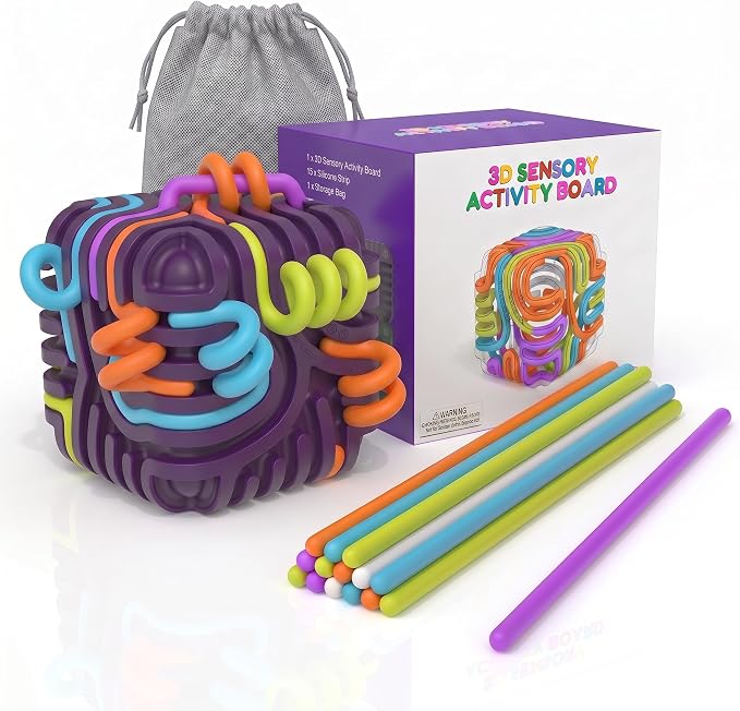 Sensory Activity Board Cube Fidget Toys for Kids & Adults - Zero Noise Silicone Quiet Toddler Travel Toys for Car Rides & Airplane - Autism ADHD Calming Toy Gift Stuffers with 15 Strings
