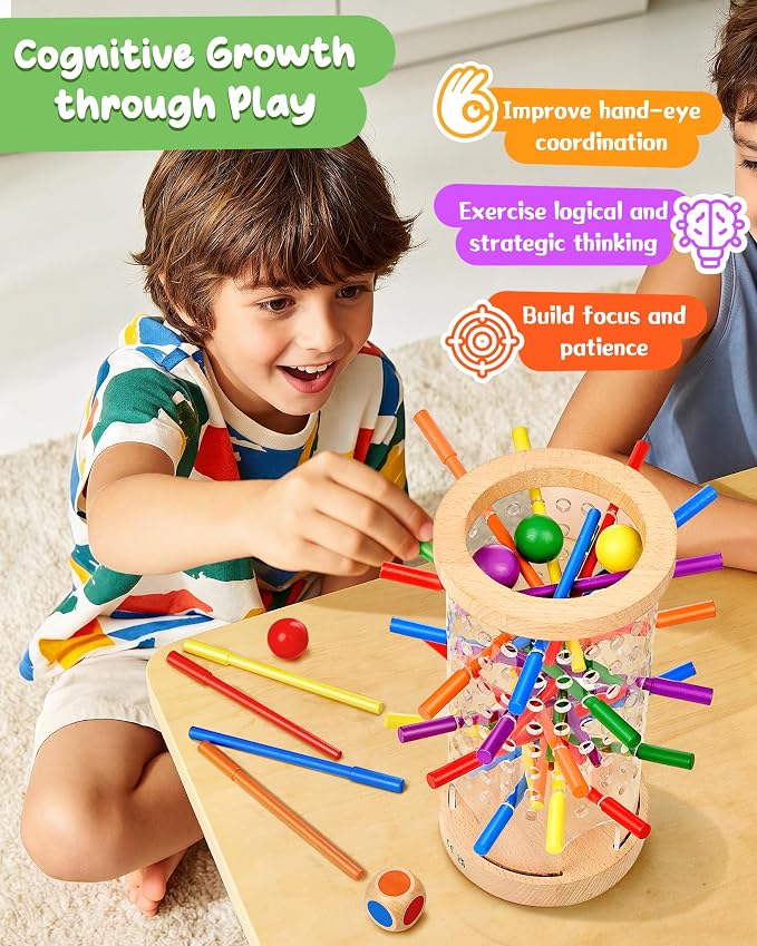 Wooden Board Games for Kids 3-8 Montessori Toys Fine Motor Skills Toy Dice | 42 Non-slip Sticks, 3-Min Quick Setup, Clear Interior View, Wooden Stick Game Color Matching, CPC-Certified, Ages 4–6 Gift
