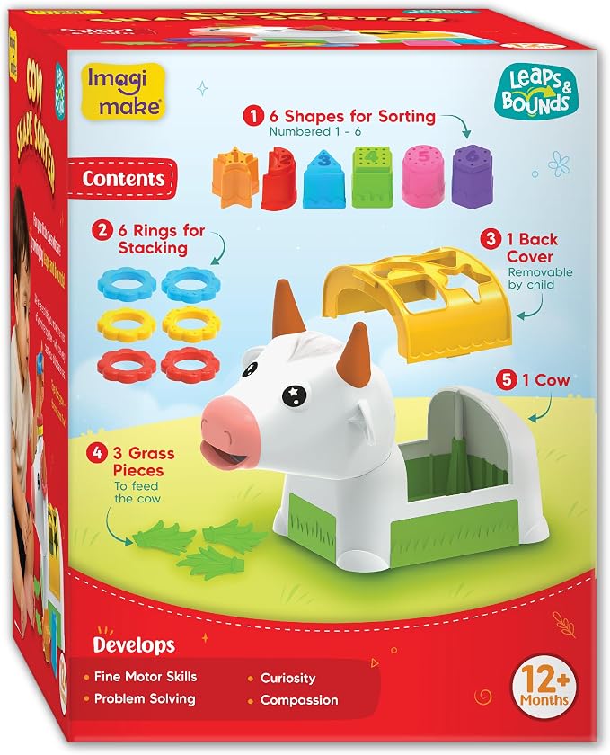 Imagimake Leaps & Bounds - Cow Shape Sorter, 5-in-1 Activity Toy, Ages 1+ | Early Learning Toy, Learn Shapes, Colors & Sorting Skills, Birthday Gift for Boys & Girls Ages 1,2,3 Years Old