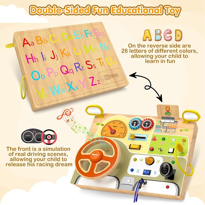 Montessori Wooden Busy Board, Toddler Sensory Travel Toy with Light Switch | Educational Learning Activity Toy, Fine Motor Skills Game for Kids, Gifts for Toddlers Age 3 4 5 6+ Years Old