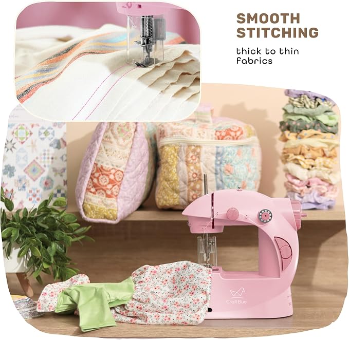 CraftBud Mini Sewing Machine for Beginners, Adults and Kids Sewing Machine | 48-Piece Sewing Kit Accessories, Portable, Dual Speed, Extension Table, Foot Pedal, Built-in Light, Guide Book & More, Pink