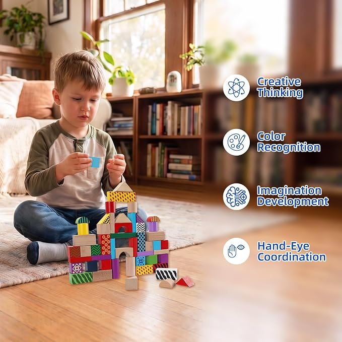 Offelec 50 Pcs Wooden Building Blocks Set with Storage Bucket, Montessori Stacking Blocks & Shape Sorting Toys for Toddlers, Preschool Learning Toys for Boys & Girls, Kids Brightly Colored Blocks