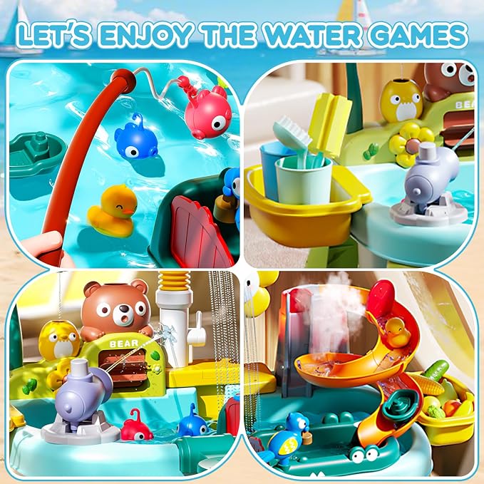 Ploomi Upgraded Toddler Sand Water Table Toy with Electric Water Pump, Kids Sand Water with Faucet/Play Food Accessories/Fishing Toy, Kitchen Play Sink Toys for Girl Boy Age 3+ (Light-Blue)