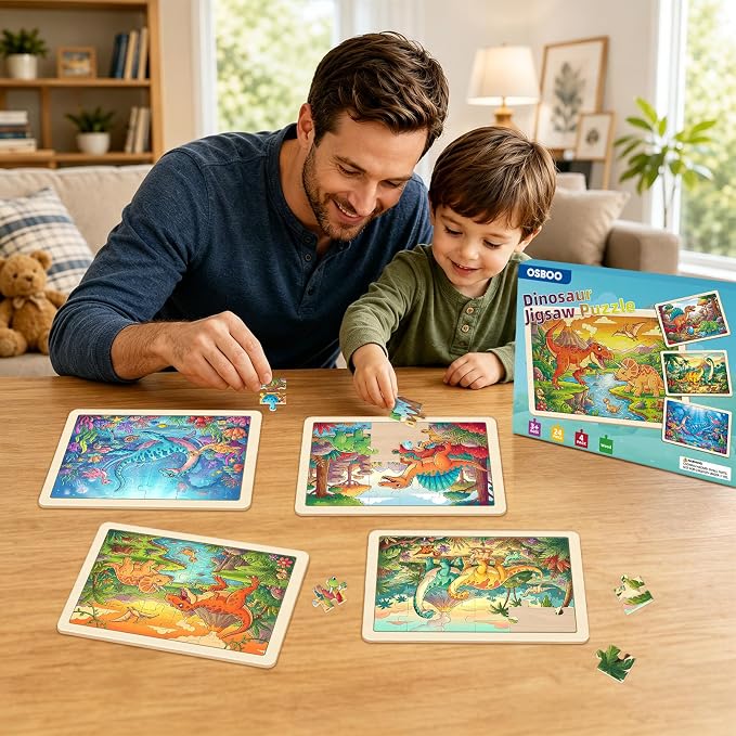 Puzzles for Kids Ages 4-6, 4-Pack 24-Piece Wooden Kids Puzzles | Dinosaur Adventure Themes | Educational Puzzles for Kids Ages 3-5, Age-Appropriate Learning Toys, Ages 3+