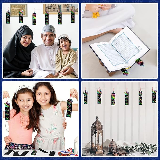 JUNEBRUSHS 30Pcs Ramadan Crafts, Rainbow Magic Ramadan Scratch Bookmarks for amadan Gifts Eid School Classroom Activities Ramadan Arts and Crafts Eid Party Favors