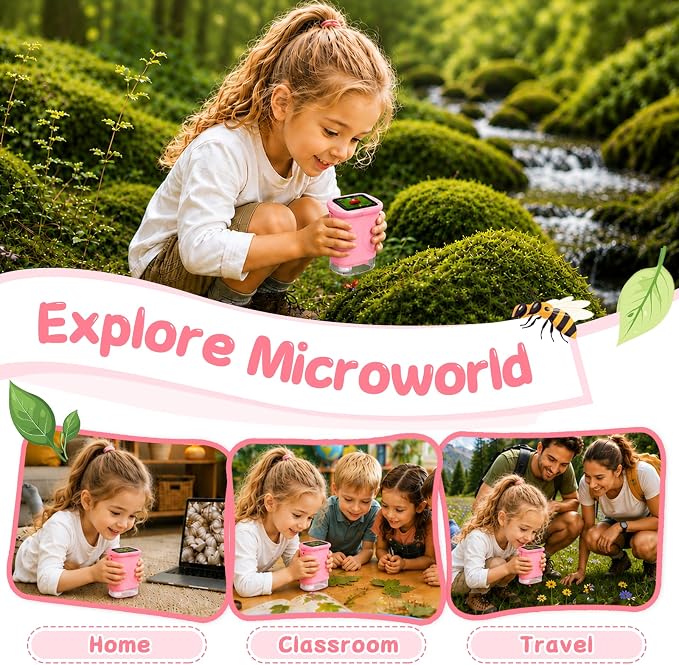 SEEKID Microscope for Kids 200-1000X, STEM Toy Science Kit for Kid(Pink) | Handheld Digital Microscope, 2" IPS Screen, 4K HD Camera 200+ Photo Storage for Girls Boys Child Birthday Gifts
