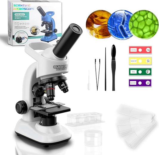 Kids Microscope Kit, 40X-1600X Beginner Microscope for Kids with LED Light, Prepared Slides, Phone Adapter and Lab Tools, STEM Science Toy for Ages 5-12