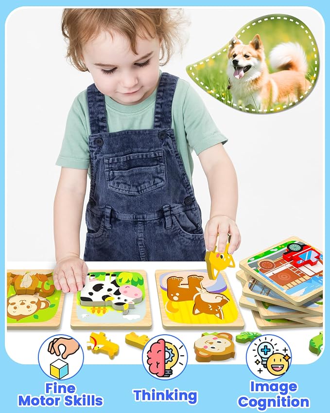 Benresive Wooden Toddler Puzzles, Toddler Toys, 1 2 Year Old Boy Girl Gift | 12 Pack Vehicle Montessori Toys for 1 2 Year Old, Preschool Educational Learning Toy, Great Birthday Gifts for Boys Girls