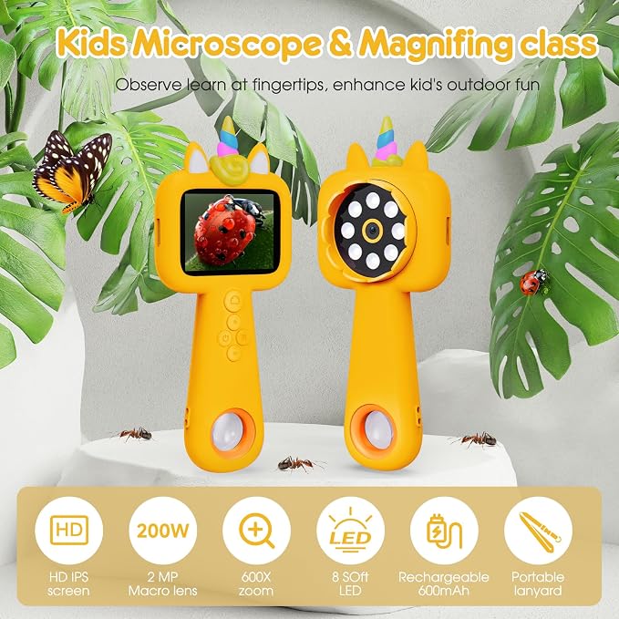 2.4" Screen Handheld Microscope for Kids, 600X Digital 4K Kids Microscope, 8 LEDs Pocket Microscope, Portable Edu Toy for Ages 3-12 Boys& Girls Exploring Bugs Plants at Home & Outdoor Travel(Yellow)