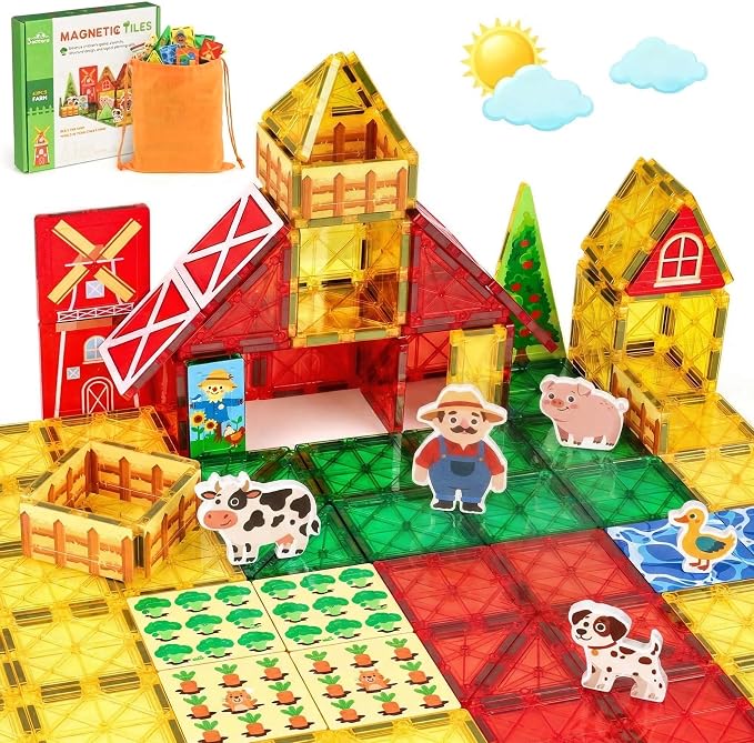3 Otters 42PCS Magnetic Tiles Set, Building Blocks with Farm Animals | Magnet Toys for Kids, Preschool Learning, Spatial Awareness, Shape Recognition, Classroom Must Haves, Birthday Gifts