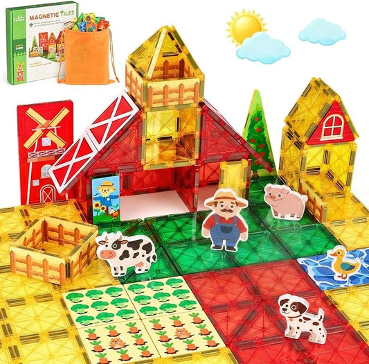 3 Otters 42PCS Magnetic Tiles Set, Building Blocks with Farm Animals | Magnet Toys for Kids, Preschool Learning, Spatial Awareness, Shape Recognition, Classroom Must Haves, Birthday Gifts