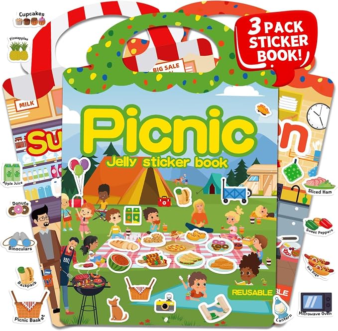 3 Sets Reusable Sticker Book for Toddlers 3-6, Jelly Sticker Books for Toddler, Travel Sticker Activity Toys for Kids 3 4 5 6 Years Old Girls & Boys（Supermarket + Picnic + Kitchen）