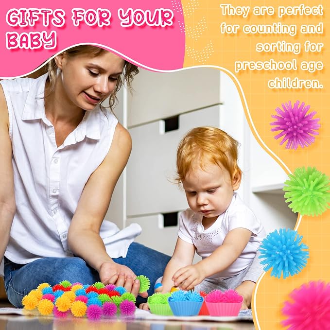 Leitee 90 Pcs Fine Motor Skills Counting Sorting Sensory Bin Filler Toy Set Matching Game Include 72 Hedge Ball 4 Tweezer 2 Scissor Clip 12 Sorting Cup for Preschool Education Train Development