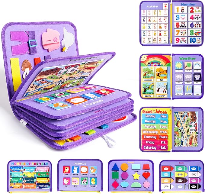 Toddler Busy Board Montessori Busy Book for Kids, Educational Activity Book | 24 in 1 Quiet Learning Sensory Toys for Motor Skills, 12-Page Travel Toy for Car Airplane, Girl Birthday Gift (Mermaid)