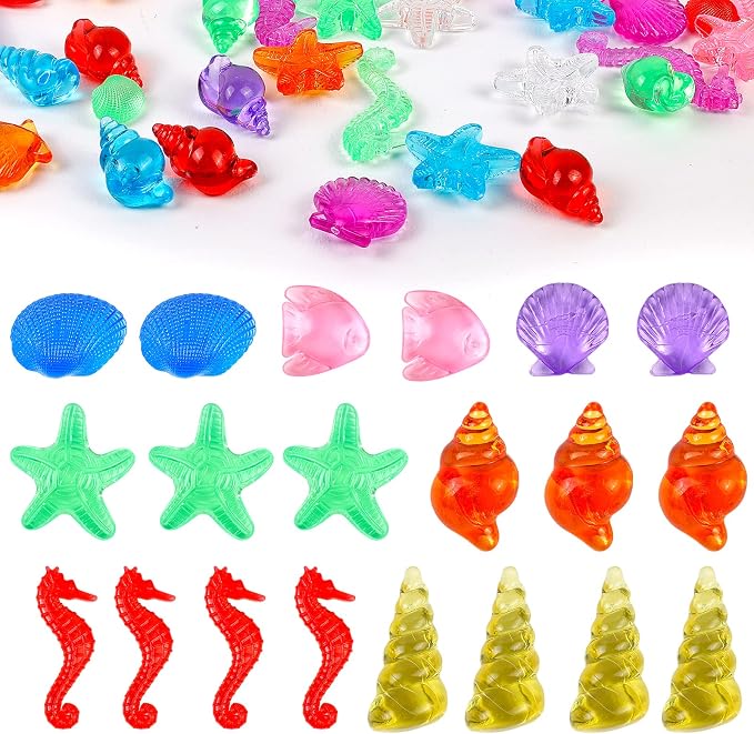 HAPTIME 80 Pcs Seashells, Sensory Bin Filler, Diving Gem Pool Toys for Kids, Plastic Sea Shells for Crafting, Little Mermaid Table Decorations, Vase Filler