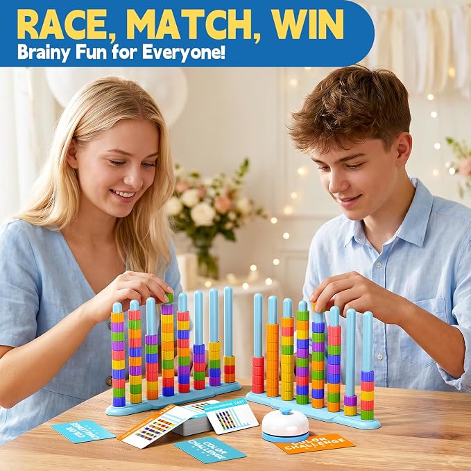 Color Challenge Game – 2 Pack Color Matching Puzzle Game for Family Game Night and Party, Board Game for Kids 6-8-12, Adults, Stacking Game with 2 Stack Racks, 100 Cards, 120 Rings, Bell, Storage Bag‌