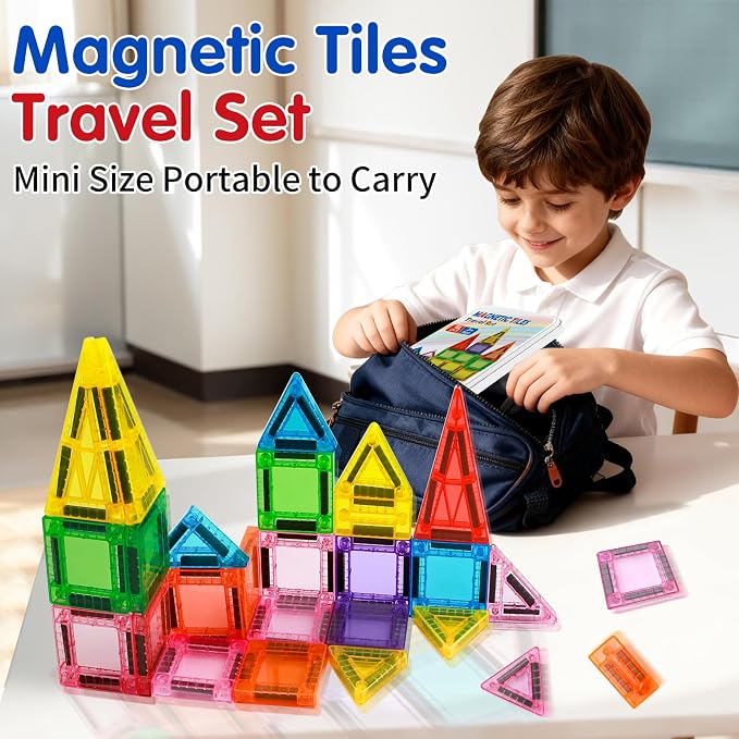 48PCS Mini Magnetic Tiles Travel Set 3+ Years | Kids Magnetic Building Blocks with Iron Box | STEM Educational Sensory Toys | Preschool & On-The-Go Games | Christmas Birthday Gift