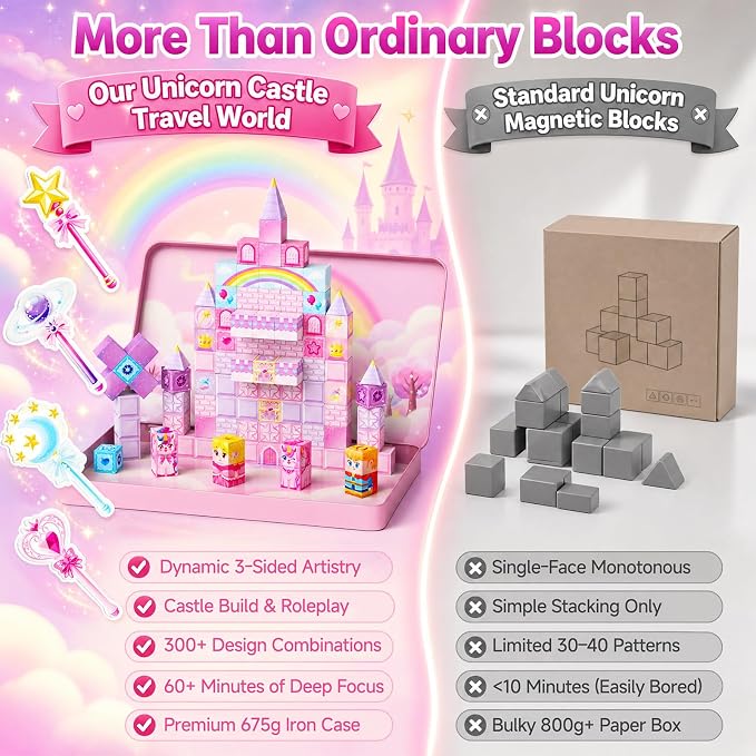 Unicorn Magnetic Cubes for Travel: 100 PCS Castle Princess Playset | Magnet Building Blocks Toys with Tin Storage Case - 60 Min Quiet Car & Airplane Activity Game for Girls Toddlers Ages 3-8