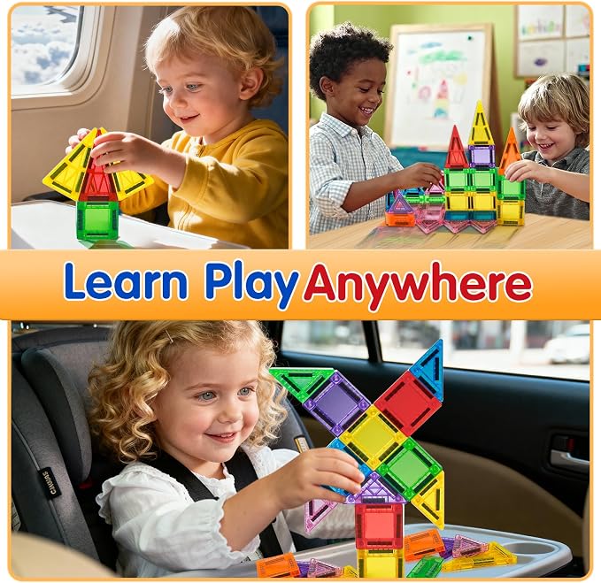 48PCS Mini Magnetic Tiles Travel Set 3+ Years | Kids Magnetic Building Blocks with Iron Box | STEM Educational Sensory Toys | Preschool & On-The-Go Games | Christmas Birthday Gift