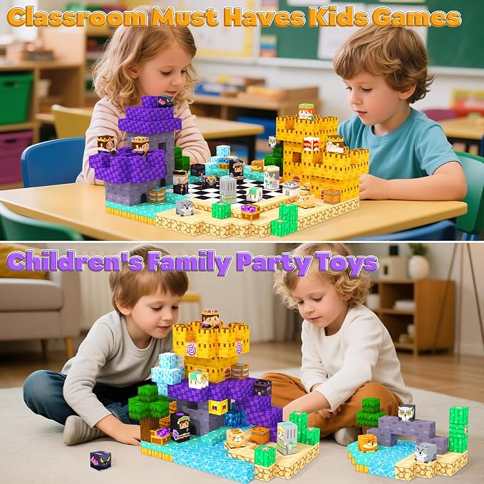 200PCS Magnetic Blocks Board Games Chess Set, Magnetic Tiles Building Blocks Kids Classroom Must Haves Montessori Education Sensory Magnet Cubes Toys, Toddler Birthday Gift for 3+ Year Old Boys Girls