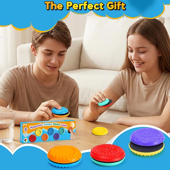 Magnetic Fidget Slider Coin Set 6 Pack, Quiet Stress Relief Toys, Sensory Sliding & Clicking Desk Fidget for Adults & Kids, ADHD Focus Anxiety Relief Office Classroom Portable Fidget Gifts