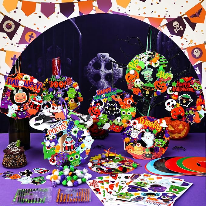 Hollowfly 48 Sets Halloween DIY Wreath Craft Kits Trick-or-Treat Party Activities