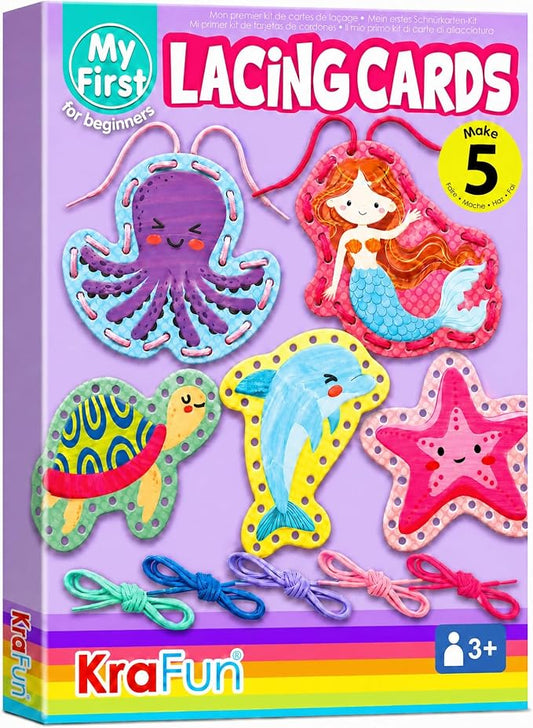 KRAFUN Mermaid Ocean Lacing Cards Age 3+ | 5 Projects | 5 mermaid ocean cards: Mermaid, Octopus, Seahorse, Fish & Starfish. Develops fine motor skills. For toddler girls & boys