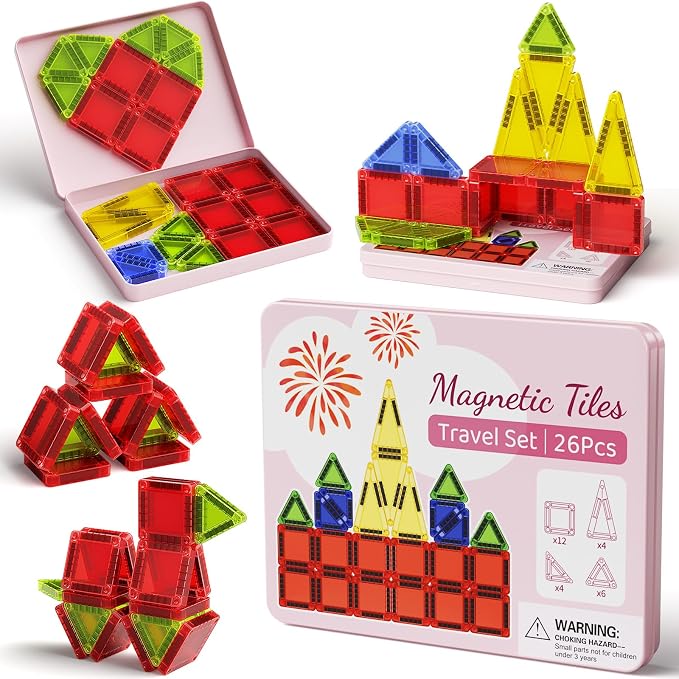 Mini Magnetic Tiles Travel Set Iron Box Storage Baseplate | Portable Magnetic Building Blocks STEM Toy for Kids 3+