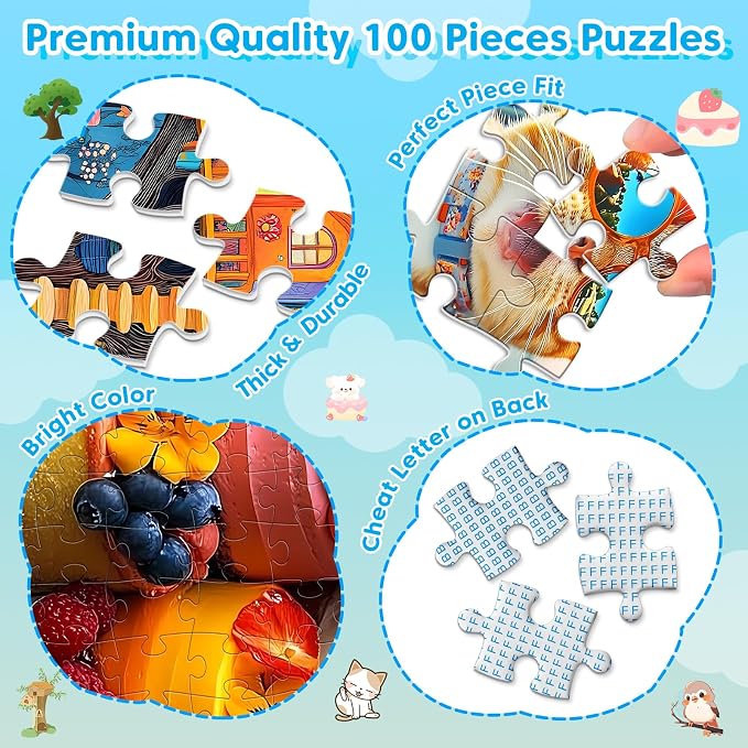 4-Pack 100 Piece Puzzles - Cakes Tree House Cats Puzzle for Kids Ages 4-8 8-10, 100 Piece Jigsaw Puzzle for Adults Seniors Children Learning Educational Puzzles Toys Birthday Xmas Gifts for Girls Boys